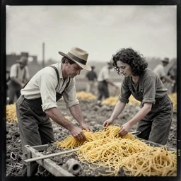 harvesting spaghetti during the gold rush, tintype, small details, intricate, sigma 5 0 mm, cinematic lighting, photography, wes anderson, diane arbus, film, kodachrome