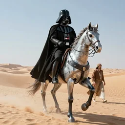 Darth Vader riding a cybernetic horse across the desert of tatooine, movie still