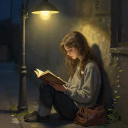 poor girl reading a book under street light, late evening, highly detailed, digital painting, artstation, concept art, sharp focus, illustration, art by artgerm and greg rutkowski and alphonse mucha
