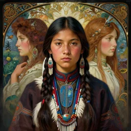 symmetry!! portrait of native american cherokee girl, historic, intricate, nature spirits, highly detailed, dynamic lighting, digital art, digital painting, artstation, wlop, sharp focus, illustration, art by artgerm and greg rutkowski and alphonse mucha, 8 k