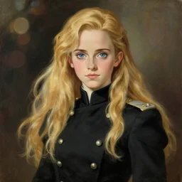 baroque oil painting emma watson ln illustration concept art lotr anime key visual portrait long flowing blonde hair blue eyes symmetrical perfect face fine detail delicate features quiet gaze fitted black military uniform gapmoe kuudere bokeh trending pixiv fanbox by greg rutkowski makoto shinkai takashi takeuchi studio ghibli