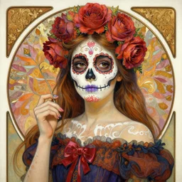 realistic detailed painting of a cute Día de los Muertos girl by Alphonse Mucha Ayami Kojima Amano Charlie Bowater HR Giger, masterpiece