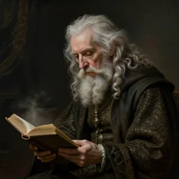 a 1 3 th century, enigmatic, melancholic, fae wizard ( look like ( ( eighty years old christopher lee ) ), is ( ( reading an old book ) ). light dust, magnificent, hyperdetailed, theatrical, painted by jean honore fragonard