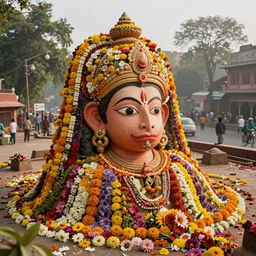 beautiful dreamy biomorphic new delhi, hanuman!! head building, kalighat flowers, octane sharp cinematic, stephen shore & john j. park, soft morning light, wide shot, high angle, uhd 8 k, shallow depth of field