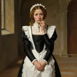 medium full view a medieval chambermaid of a noble house in her early thirties with a worrisome and compassionate personality, by Raymond Swanland Greg Rutkowski Lise Deharm, {perfect face}, {perfect eyes}, elegant regal posture, 4k, masterpiece