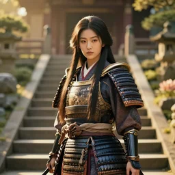 gorgeous japanese warrior princess standing on stairs in an ancient fantasy garden, face of kylie, long hair, beautiful intricately decorated clothing, natural pose, focus on face, golden hour, shallow depth of field, fantasy matte painting, rule of thirds, karole bak, mohrbacher, hasui kawase, noriyoshi ohrai