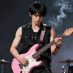 asian rocker guy with a stoic expression, wearing a black vest and playing a pink guitar, smoke in the background, full color digital illustration in the style of frank frazetta,, artgerm, artstation trending, 4 k