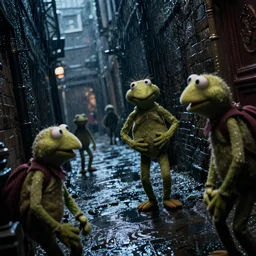 a still from arcane, muppets in a dark rainy alleyway, tilted lens