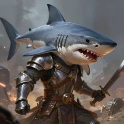 knight with the head of a shark in battle, fantasy, digital painting, dramatic lighting, vibrant setting, realistic shading, unreal engine 5, concept art, ultra detailed, trending artstation