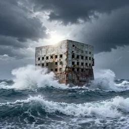 high key lighting, ighting storm, danila tkachenko, photograph of an abandoned soviet building block in the middle of the ocean, big waves. dramatic lighting