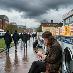 hippy sits in a laundromat, focused on phone, human traffic in footpath, rainy day, university procession, mounting anxiety, dark clouds of anxiety in sky