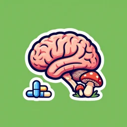 awesome logo of a brain and mushroom and pills with dank techno. synthwave colours. in the style of spirited away. awe, rage, musicality, hyperrealism, lush detail