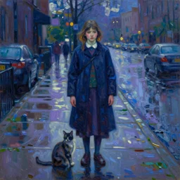 impressionist oil painting, heavy broad pallet knife, luminous colors, low wide portrait of a girl and her cat stand on a lonely city sidewalk during a rainy day. dramatic lighting, dark blue, violet, dark greens, emotional, style of mandalorian tv, 4 k