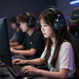 beautiful young asian woman with long hair, with gaming headset, cute, playing on a comuter, realistic, detailed, cel shaded, in the style of makoto shinkai and greg rutkowski and james gurney