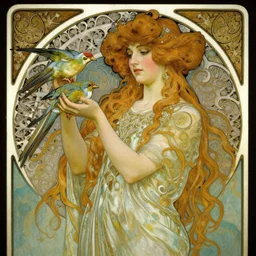 art nouveau, belle epoque, beautiful woman handling birds, full body photo, pretty face, long curly hair, impressionist painting, matte finish, volumetric lights, intricate, intense detail, artstation, concept art, soft shading, cinematic, 4 k