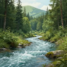 landscape river forest splash art graphic design art, fantasy, highly detailed, art by greg rutkowski