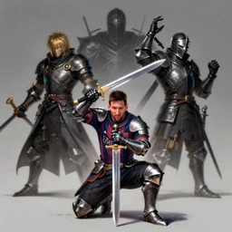messi as a knight crouching down holding a sword over his head by daniel gerhartz, artorias, abysswalker, dark souls, featured on deviantart, fantasy art, concept art, 2 d game art, official art