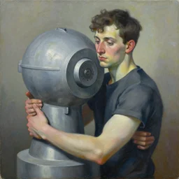 a painting of artist hugging a machine, by ilya sipyagin
