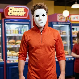 ben shapiro in a chuck e cheese costume with the mask off