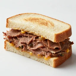 a photograph of a rueben sandwich filled with so much corn beef that the sandwich is 5 times taller than other sandwiches, it looks mouth watering with melting cheeses and grilled onions, 1 0 0 0 island dressing and pumpernickle bread cooked to perfection, food photography