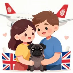 digital art, illustrator, emirates airlines, love, boy, girl, black pug, uk flag colourful