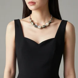 an elegant woman wearing a simple black dress and a necklace of raw, unshucked oysters