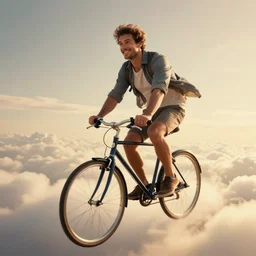 A warm atmosphere fancy portrait of a happy man flying in the sky on his bicycle in the clouds, perfect expression, Ross Tran, Greg Rutkowski, Maciej Kuciara, 8k photorealistic, volumetric lighting, dramatic, trending on artstation