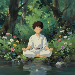 meditation at the forest stream with flowers, digital painting masterpiece, haunting beautiful brush strokes, painted by Moebius and Hayao Miyazaki and Akira Toriyama