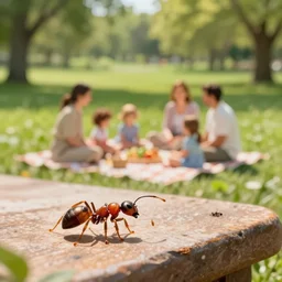 A family having a picnic in park from the perspective of an ant on the table - trending on artstation