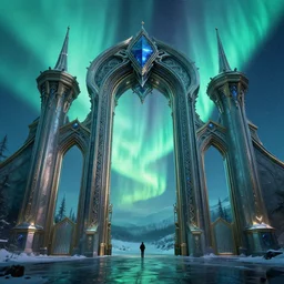 a very detailed concept art of intricate and epic gates to aurora borealis, trending on artstation, symmetry, digital art, 4 k, hyper realistic, octane render, sharp focus