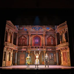 photo of a huge theaterstage, play is la traviata, 3 actors on stage, 8 k, multicolored, exaggerated detailed, long shot