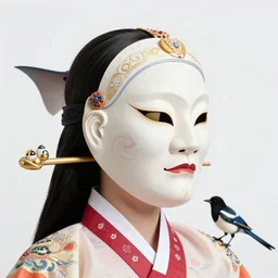 3 d goddess close - up profile portrait. beautiful intricate highly detailed korean gumiho mask and traditional korean hanbok. stingray, magpie, bio luminescent, plasma, lava, ice, water, wind, creature, artwork by tooth wu and wlop and beeple and greg rutkowski, octane 3 d render