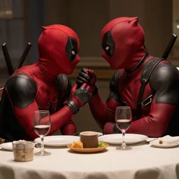 film still of Deadpool having a romantic dinner with Spiderman in the new Deadpool movie, 4k