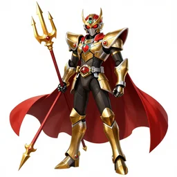 Azure Makai Knight from Golden Knight Garo character design sheet, intricate trident weapon, red cape, trending on artstation