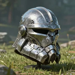 headshot character portrait of a warframe helmet!! in the style of final fantasy xiv!!!, wide angle shot, warframe, final fantasy, final fantasy 1 4, final fantasy xiv, realistic shading, realistic lighting, very well detailed, segmented organic armor, standing in a grassy field