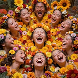 many disembodied heads laughing, flowers encircling the heads, color restoration, vibrant, sacred, liminal space