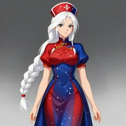 dr. eirin yagokoro is tall female lunarian sage in her late thirties with dark grey eyes and long white hair in large single braid. she wears red and blue two - tone dress decorated with constellations and matching nurse cap, 4 k digital illustration by ross tran, riabovitchev, simonetti, yoshitaka amano, vallejo