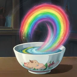 a rainbow whirlwind syphoning another world from inside a bowl, style studio ghibli and wlop