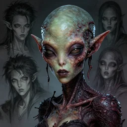 a photo of alien dark fae girlboss based on gina gerson face mutating into insect, bumpy mottled skin, body horror, by yoshitaka amano, by greg rutkowski, by jeremy lipkinng, by artgerm, digital art, octane render