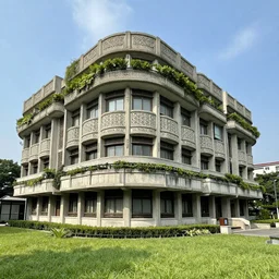 Brutalist Building, greenery,elegant, intricate, Long Shot, Wide shot, Full Shot, 4K