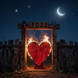 portal Burn 2022 effigy burn, the effigy is a red low Polly heart made of wood, it is dark out and the sky is full of stars and a crescent moon