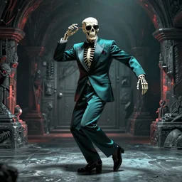 a skeleton in sunglasses and an elegant suit dancing, digital art, teal and red color palette, gray dungeon background, very realistic, artstation, by zdzislaw beksinski