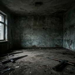 empty room with weapons laying about dusty creepy eerie feeling dark lighting photograph chernobyl