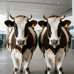 two holstein cows with human skin face standing at the airport boarding gate trending flickr technoir detailed portrait