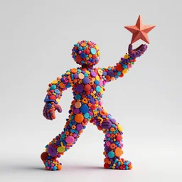 star man, with a star in his hand, made of colored things, vivid dynamic composition, by jeff koons, surreal, overblown vibrant colors, masterpiece, physical based rendering, featured on pixiv, octane renderer, trending on pinterest