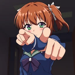 rika furude from higurashi pointing at the camera dramatically