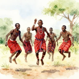 a watercolor painting of maasai jumping dancers