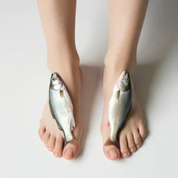 a woman wearing fish on her feet
