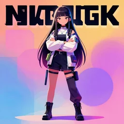 uncropped full body character portrait poster girl with futuristic streetwear and crossed arms, long straight hair, complementary colour palette, cute face, pretty face, anime by kuvshinov ilya, artgerm and greg rutkowski, 4 k, hdr, graphic design, adobe illustrator, behance, trending on artstation