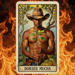 a dramatic ethereal epic symmetrical painting of a handsome cowboy holding a tree sapling | he is dark skinned, shirtless and wearing a cowboy hat | background and border is a fire conflagration flames | tarot card, art deco, art nouveau, homoerotic, realistic, vines | by Dresden Codak, by Mark Maggiori and ((((Alphonse Mucha))) | trending on artstation